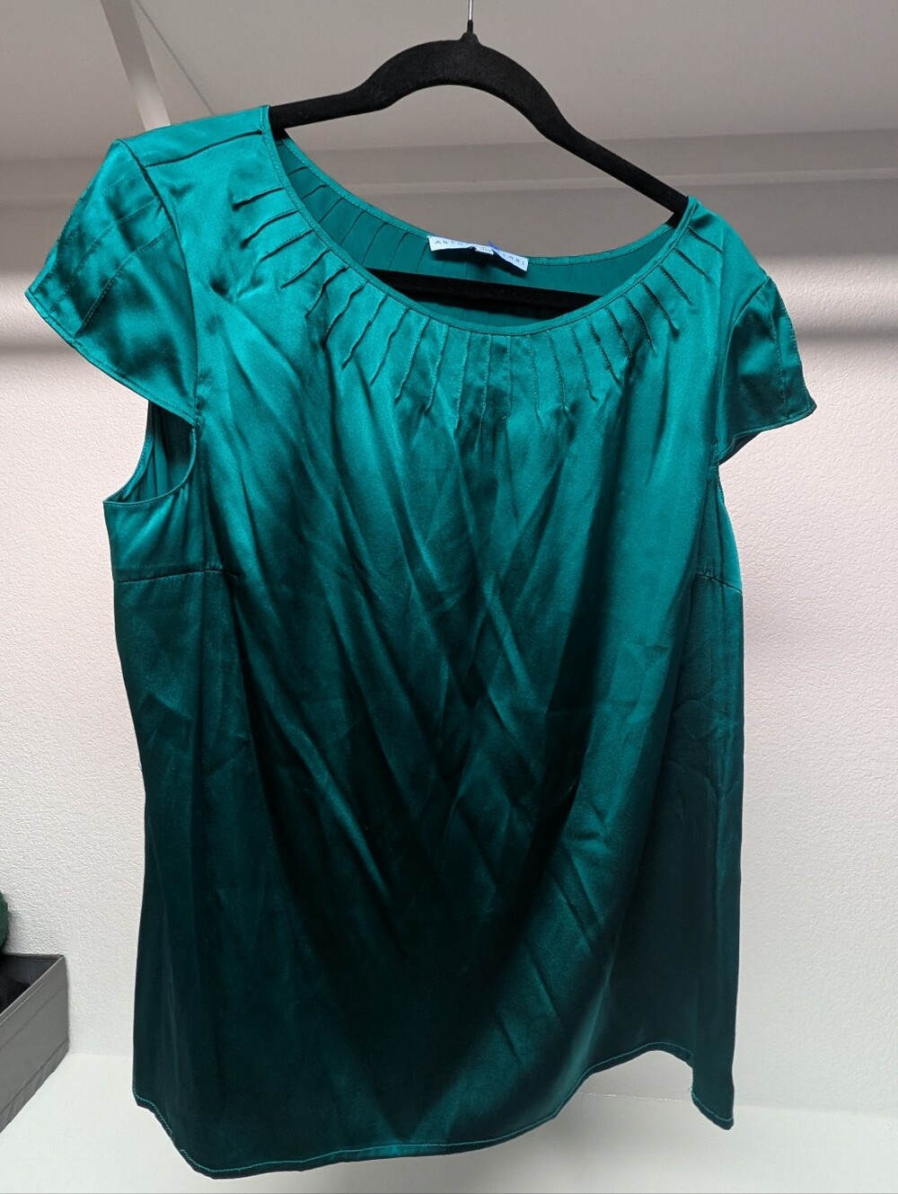 Silk Women's Emerald Green Pleated Neck Cap Sleeve Top